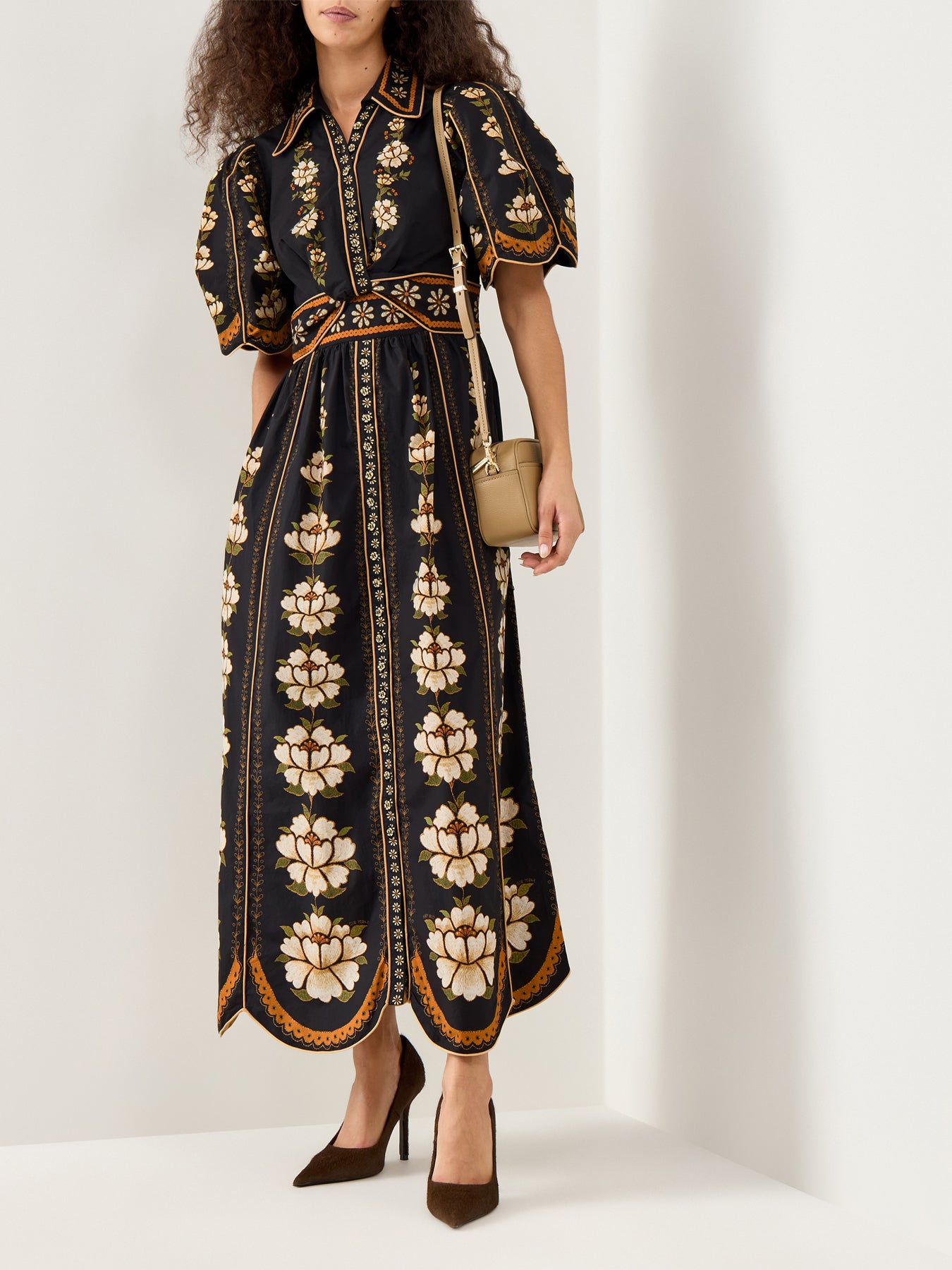 Embroidered Flowers Midi Dress Black