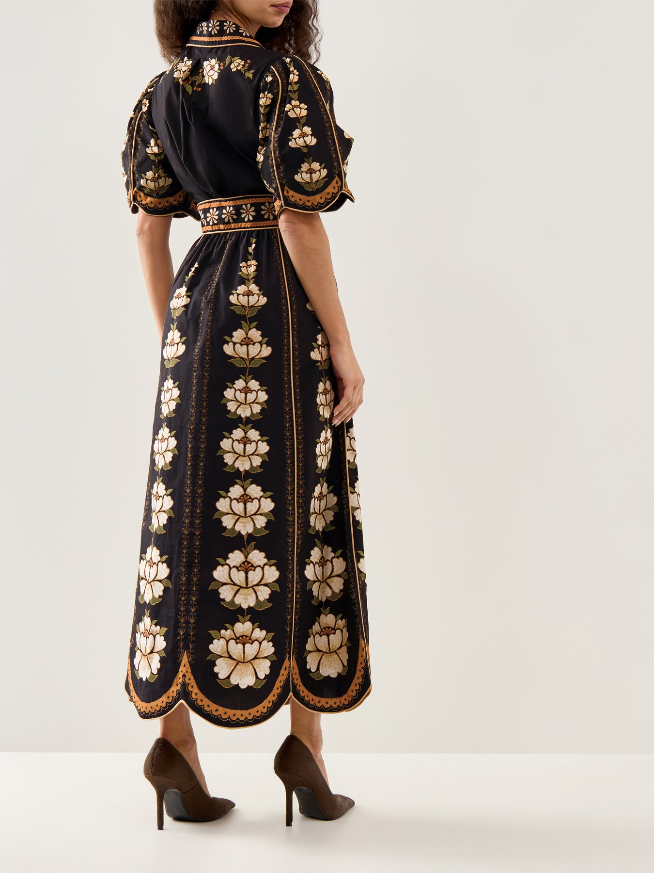 Embroidered Flowers Midi Dress Black