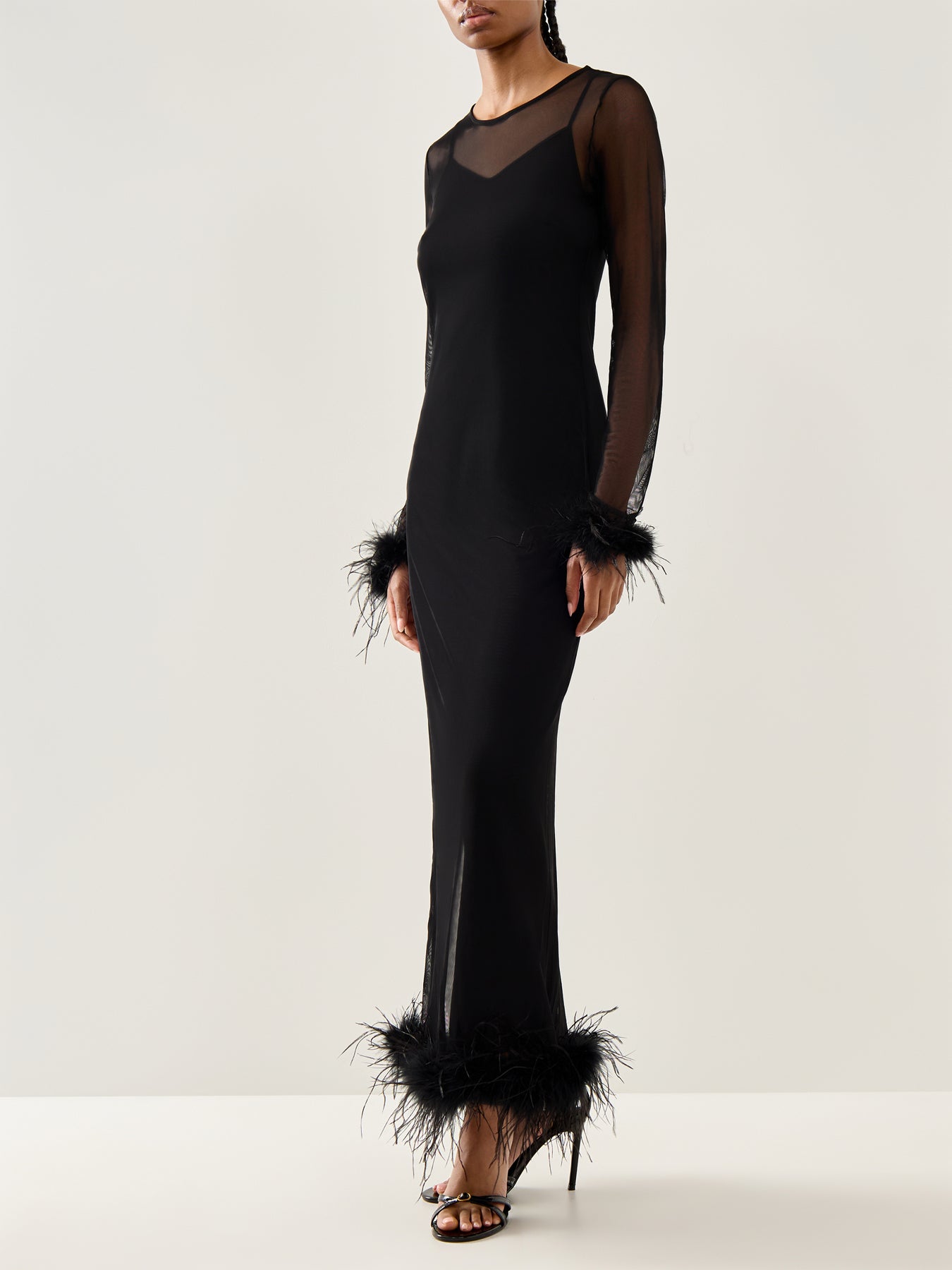 Mesh Feather Trim Dress Black