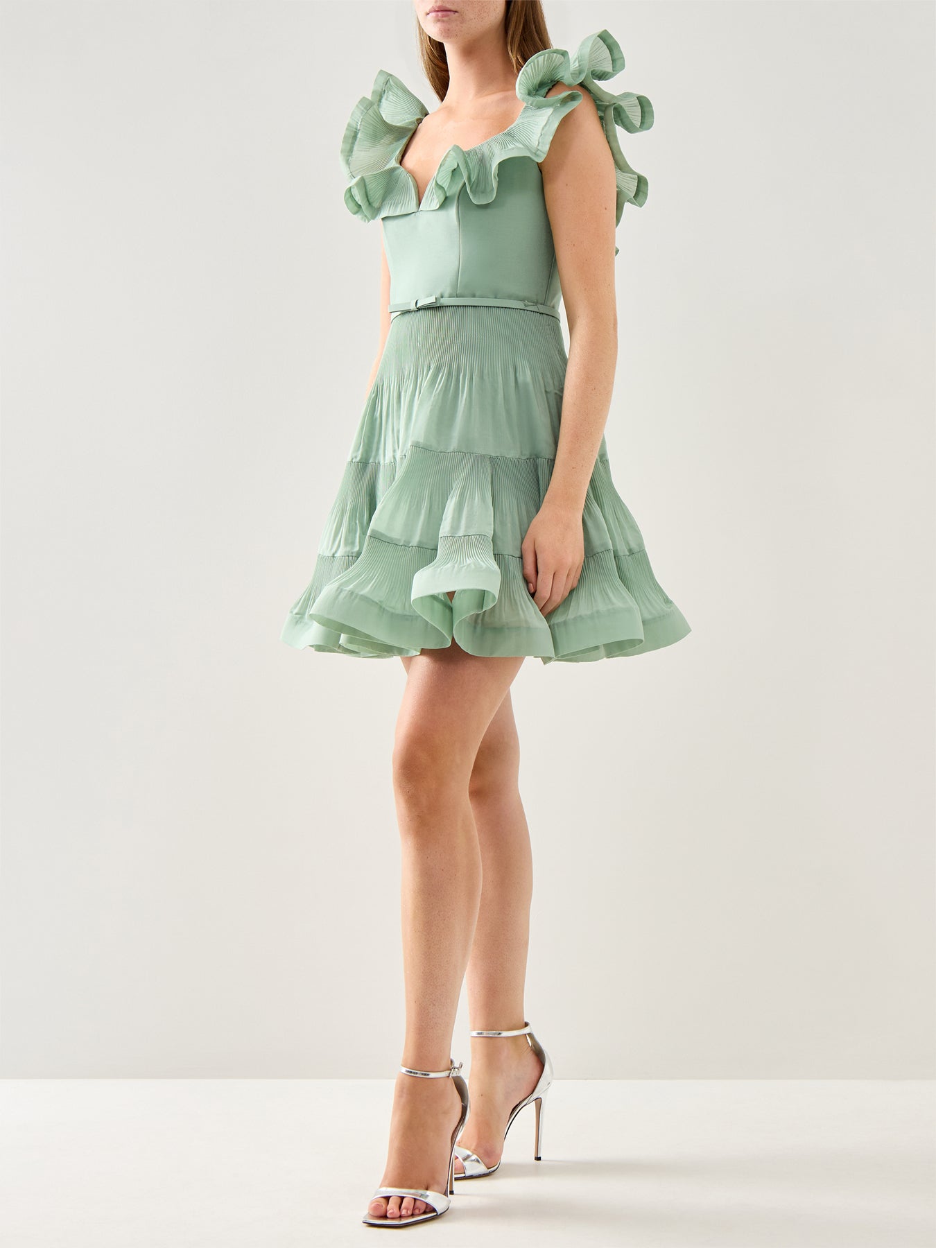 Pleated Frill Mini Dress Eucalyptus