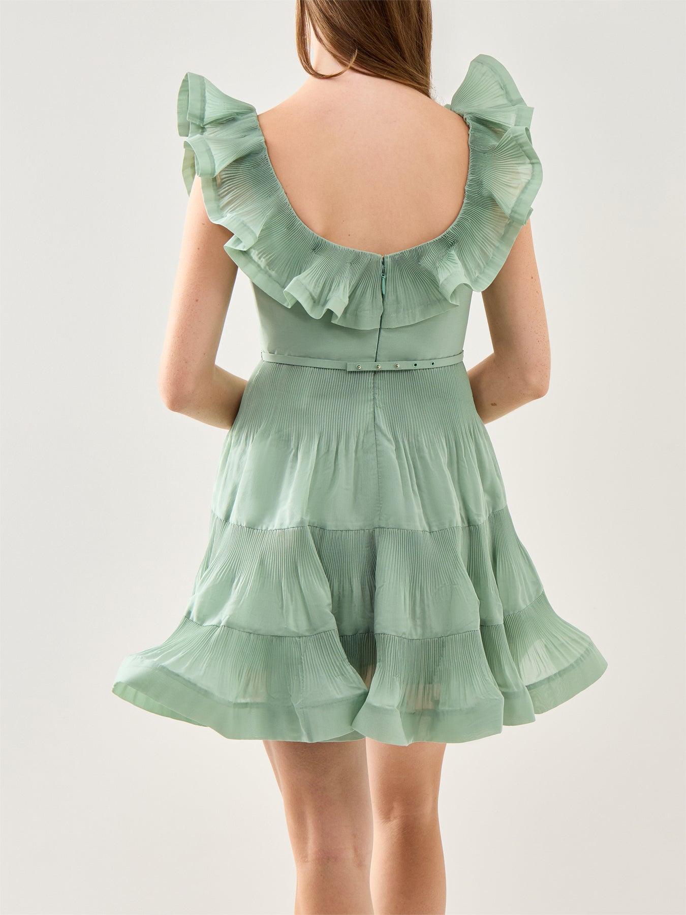 Pleated Frill Mini Dress Eucalyptus