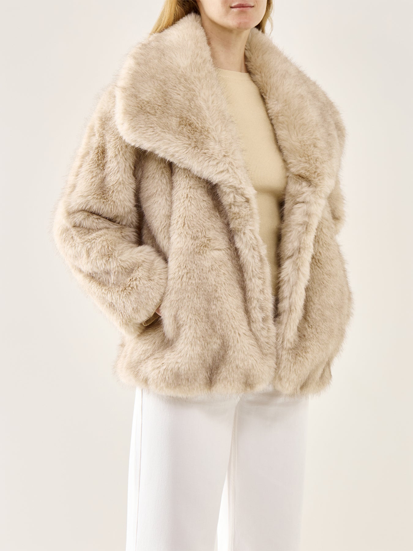 Agatha Exaggerated Collar Faux Fur Coat Beige Marl