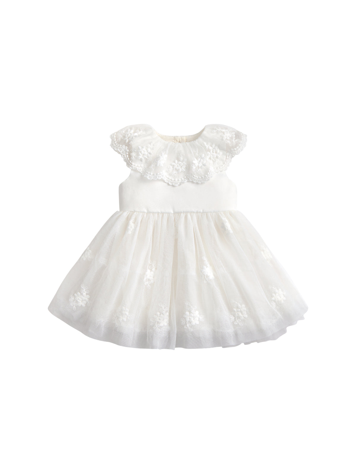 White Mesh Collar Flower Girl Dress With Embroidered Skirt