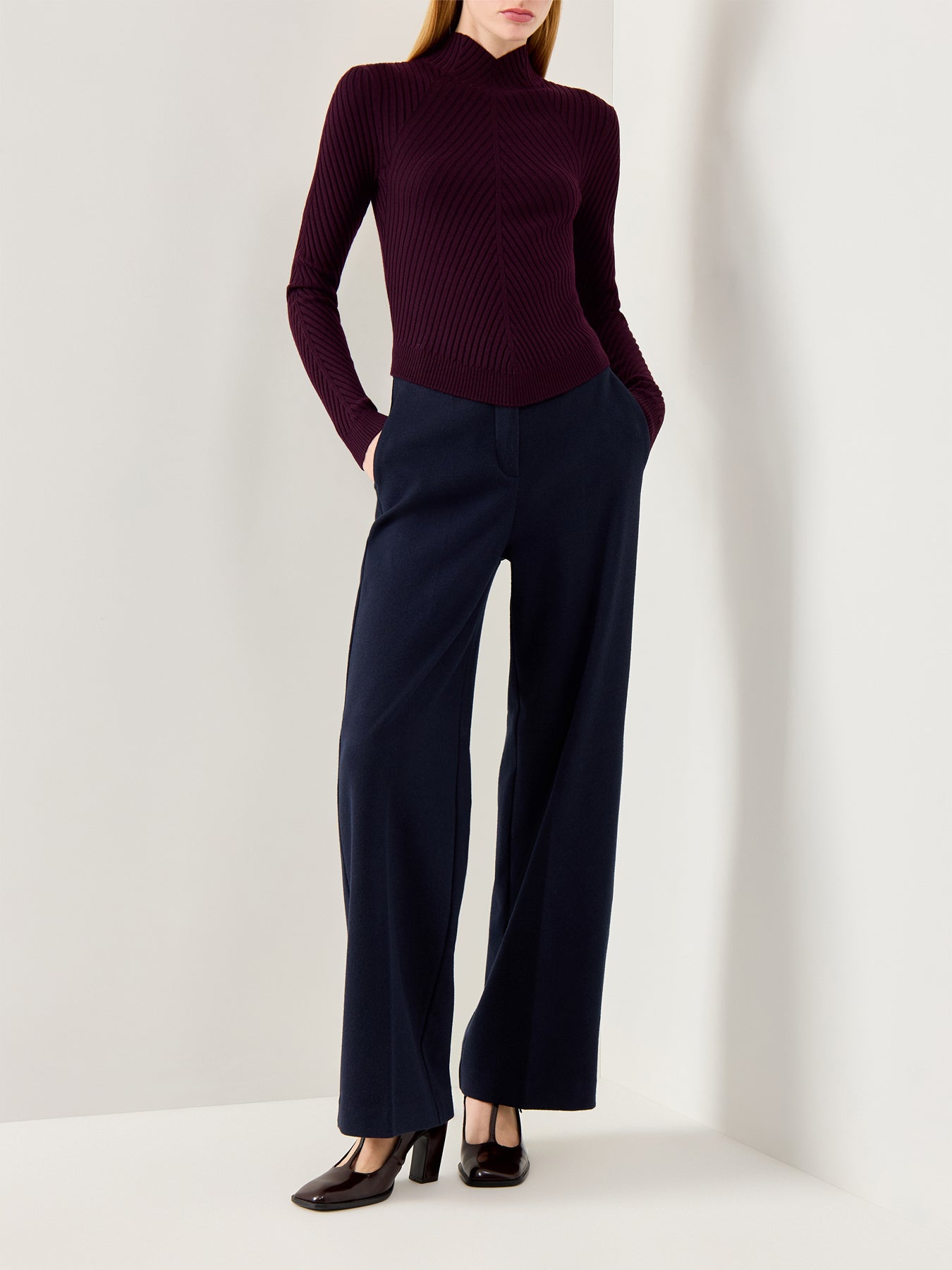 Ribbed Long Sleeve Polo Merlot