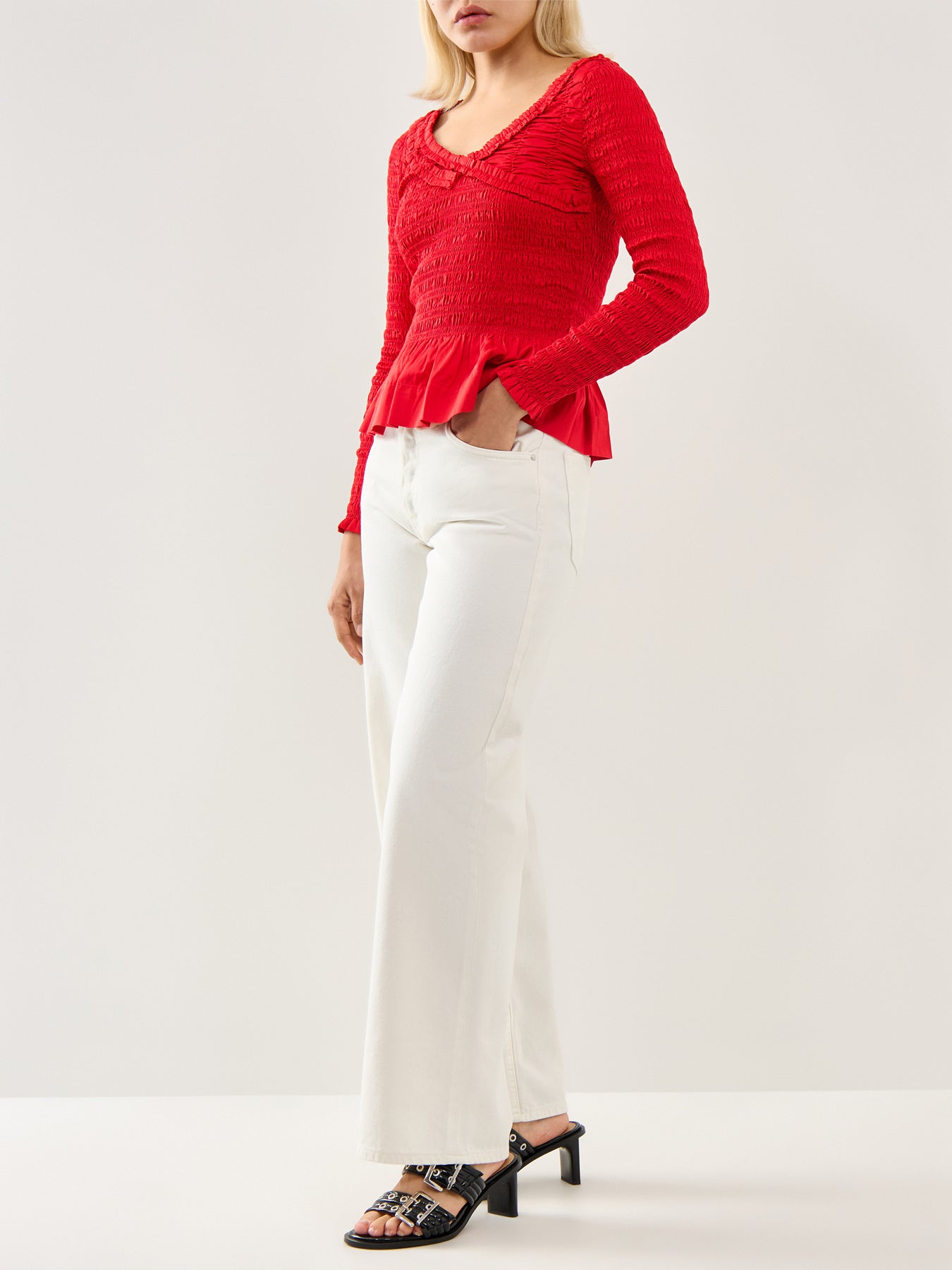 Suri Shirred Cotton Satin Blouse Red