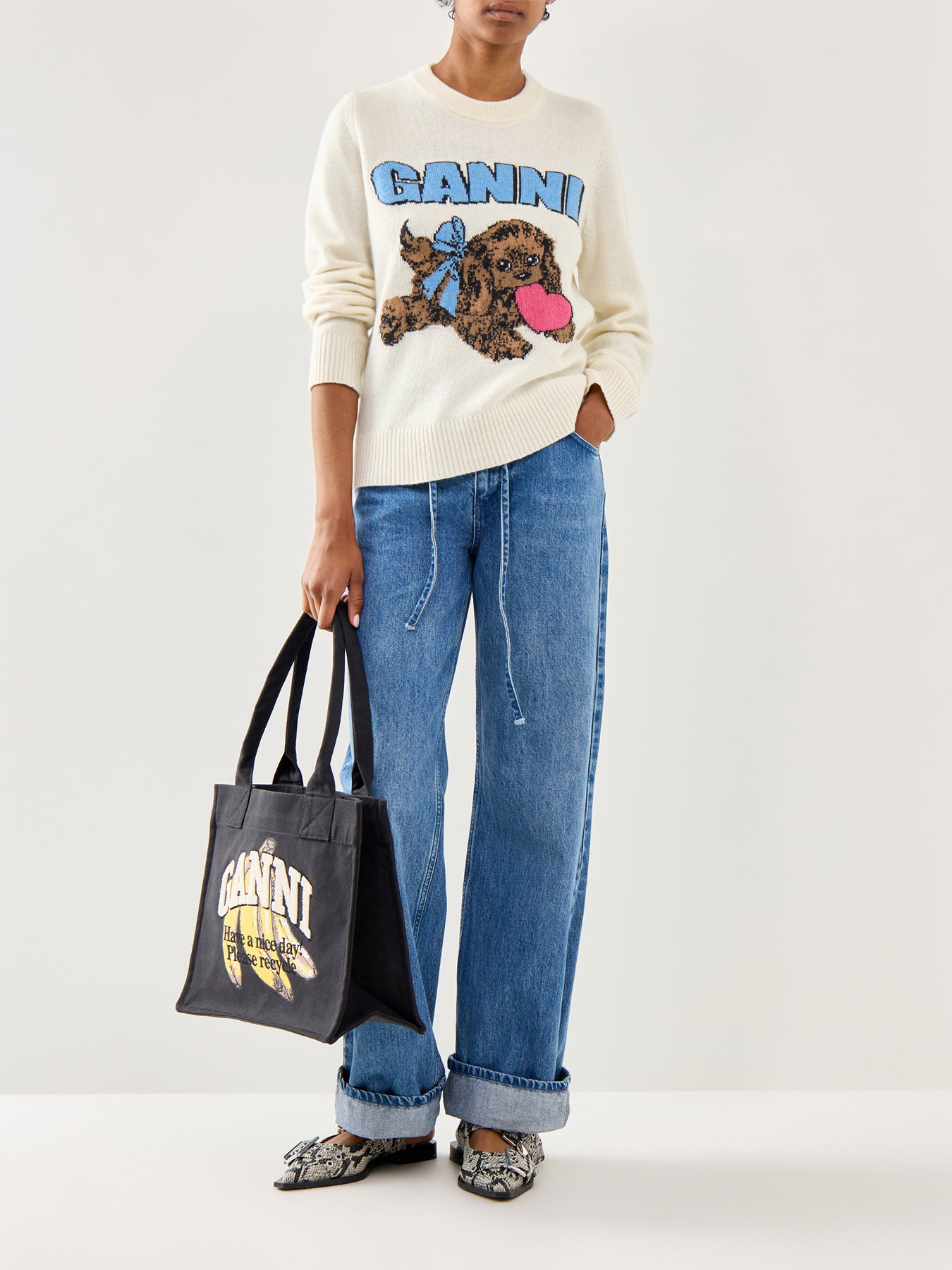 Graphic Wool Mix Fluffy Puppy Love Crewneck White