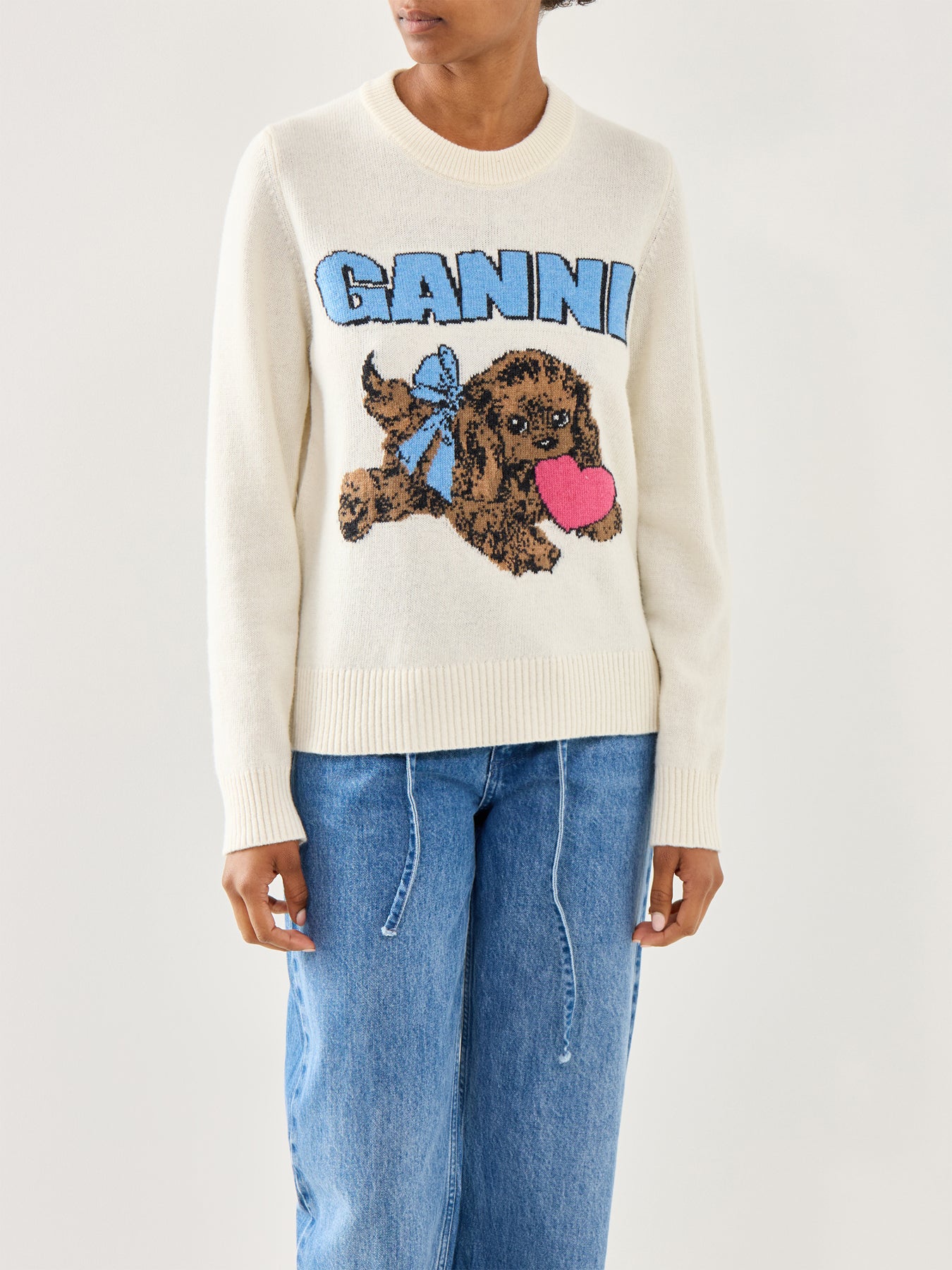 Graphic Wool Mix Fluffy Puppy Love Crewneck White