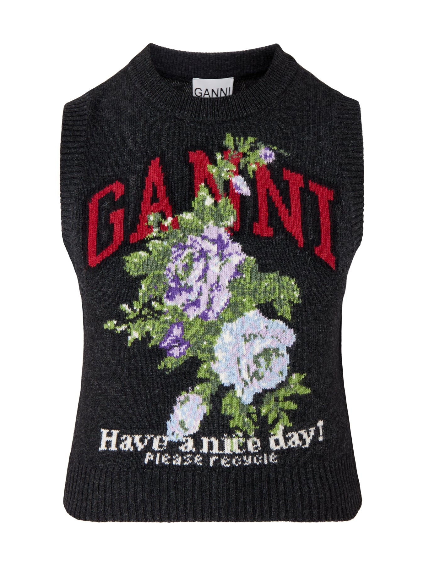 Graphic Wool Mix Flowers Vest Black