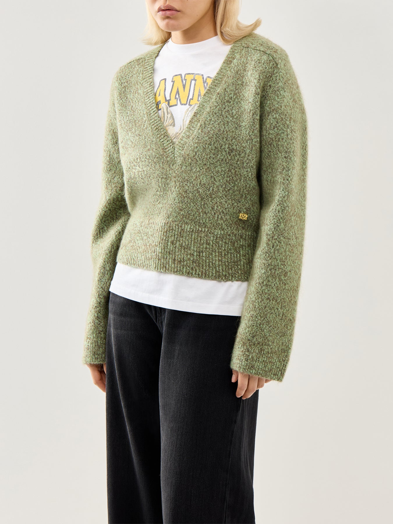 Brushed Mohair Mix Deep V-neck Jumper