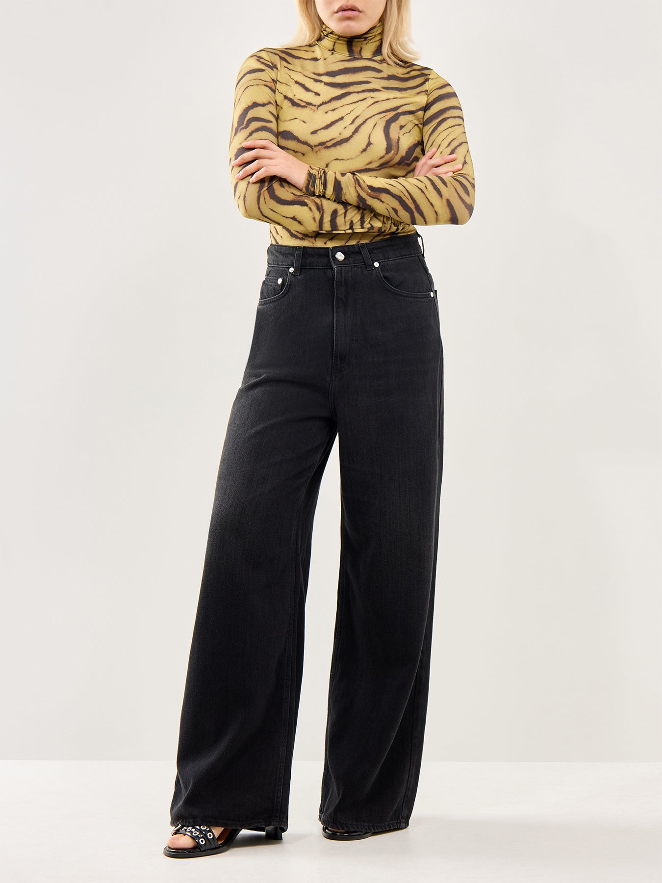 Printed Shiny Jersey Turtleneck Khaki