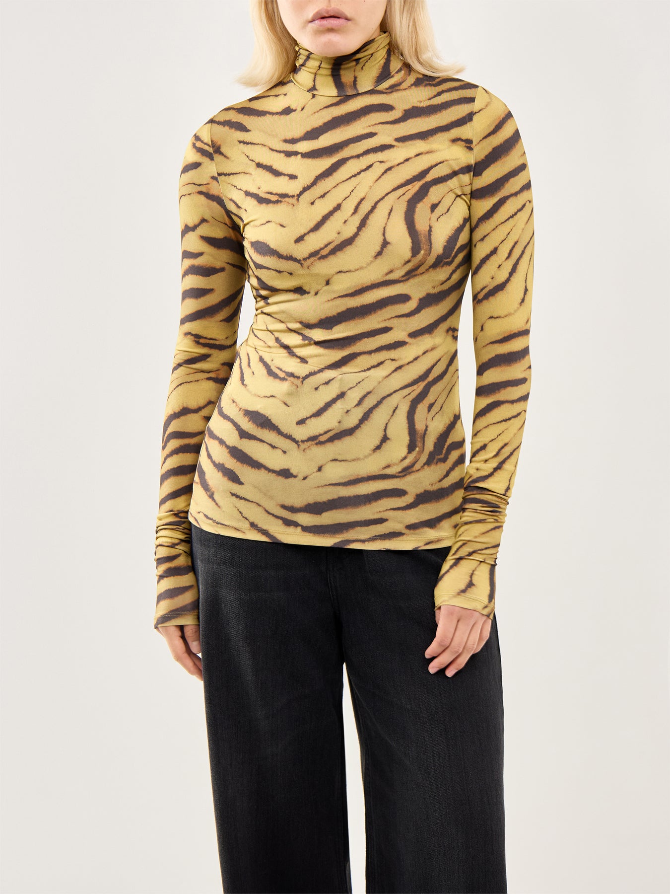 Printed Shiny Jersey Turtleneck Khaki