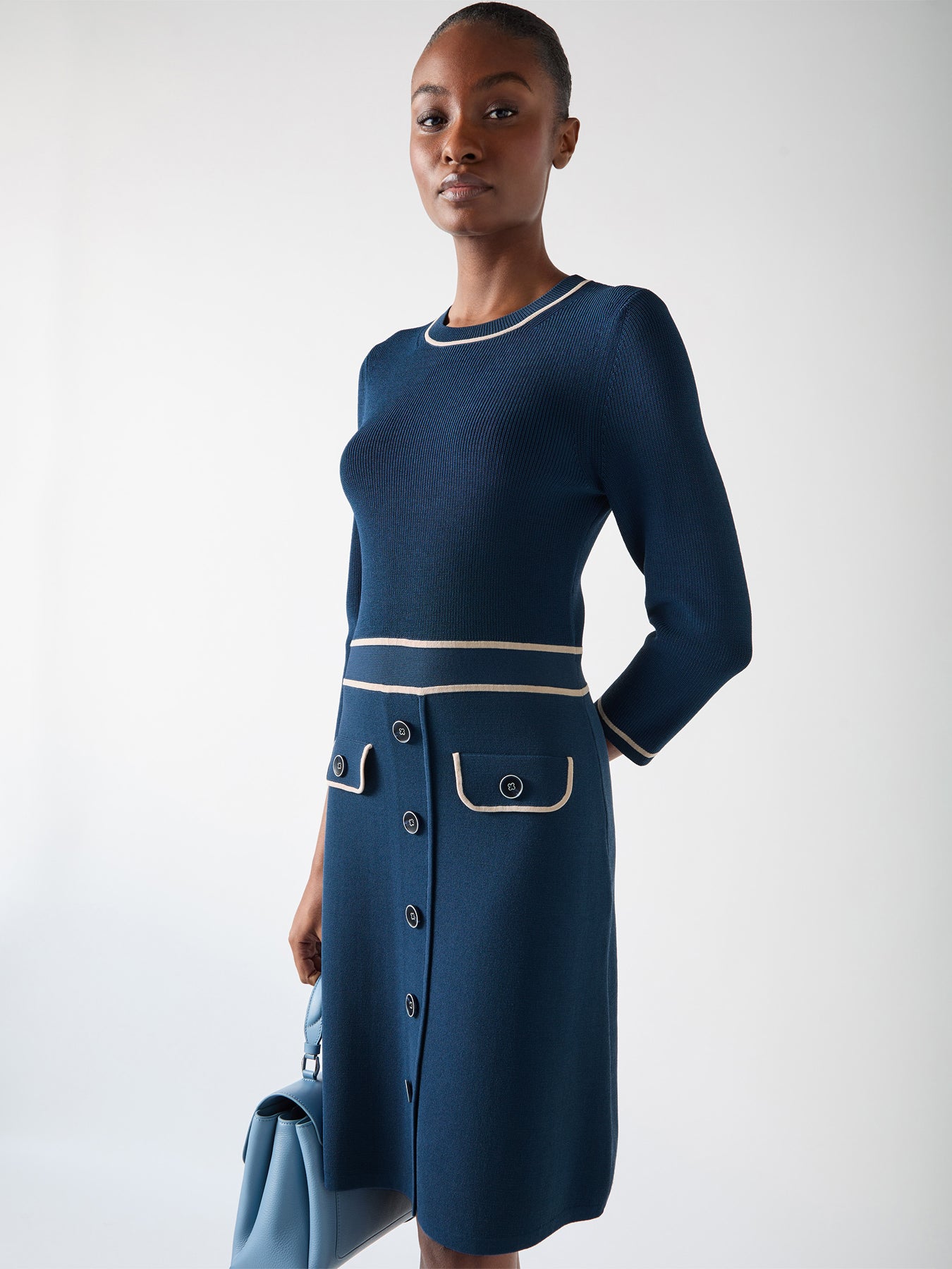 Ciara Viscose Blend Button Through Knit Dress Blue & Navy