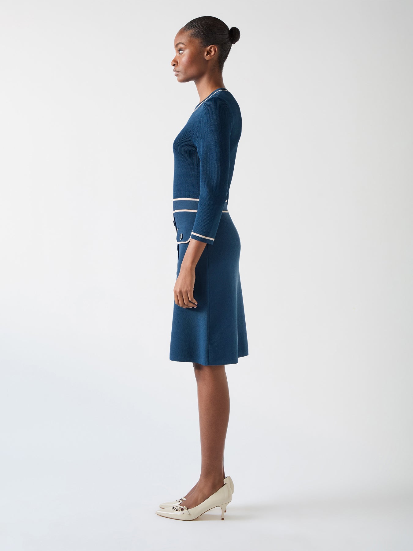 Ciara Viscose Blend Button Through Knit Dress Blue & Navy