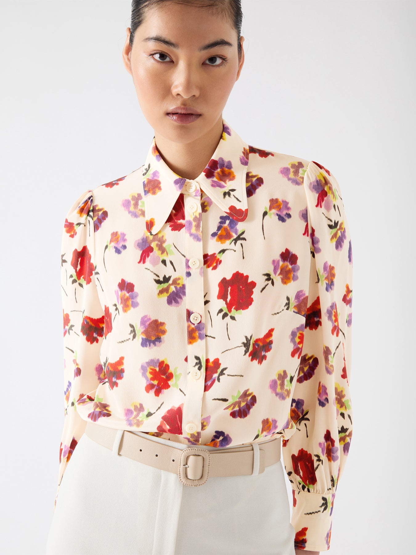 Cream Sonya Italian Straw Multi Silk Ikat Floral Silk Shirt