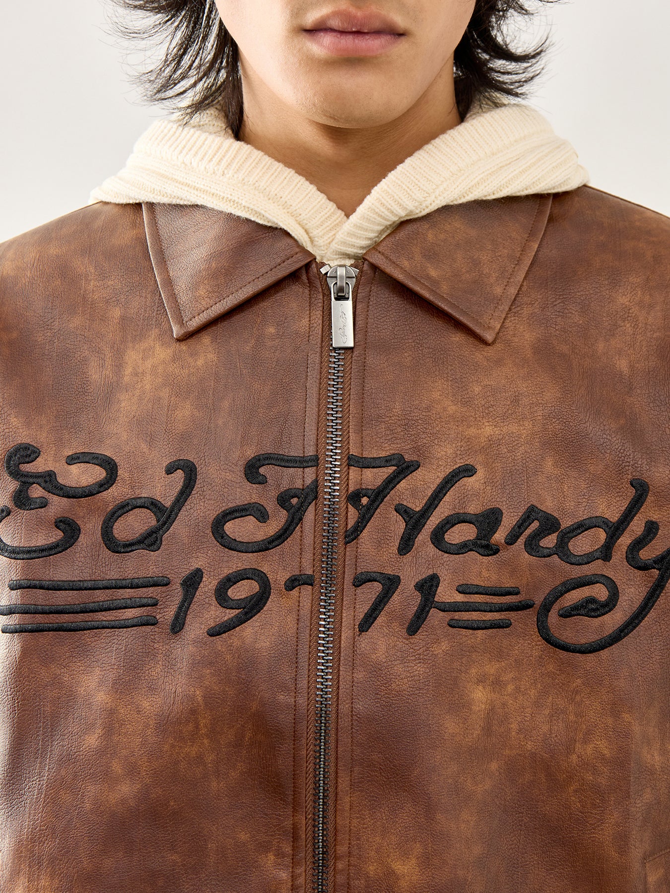 Vegan Leather Zip Jacket Brown