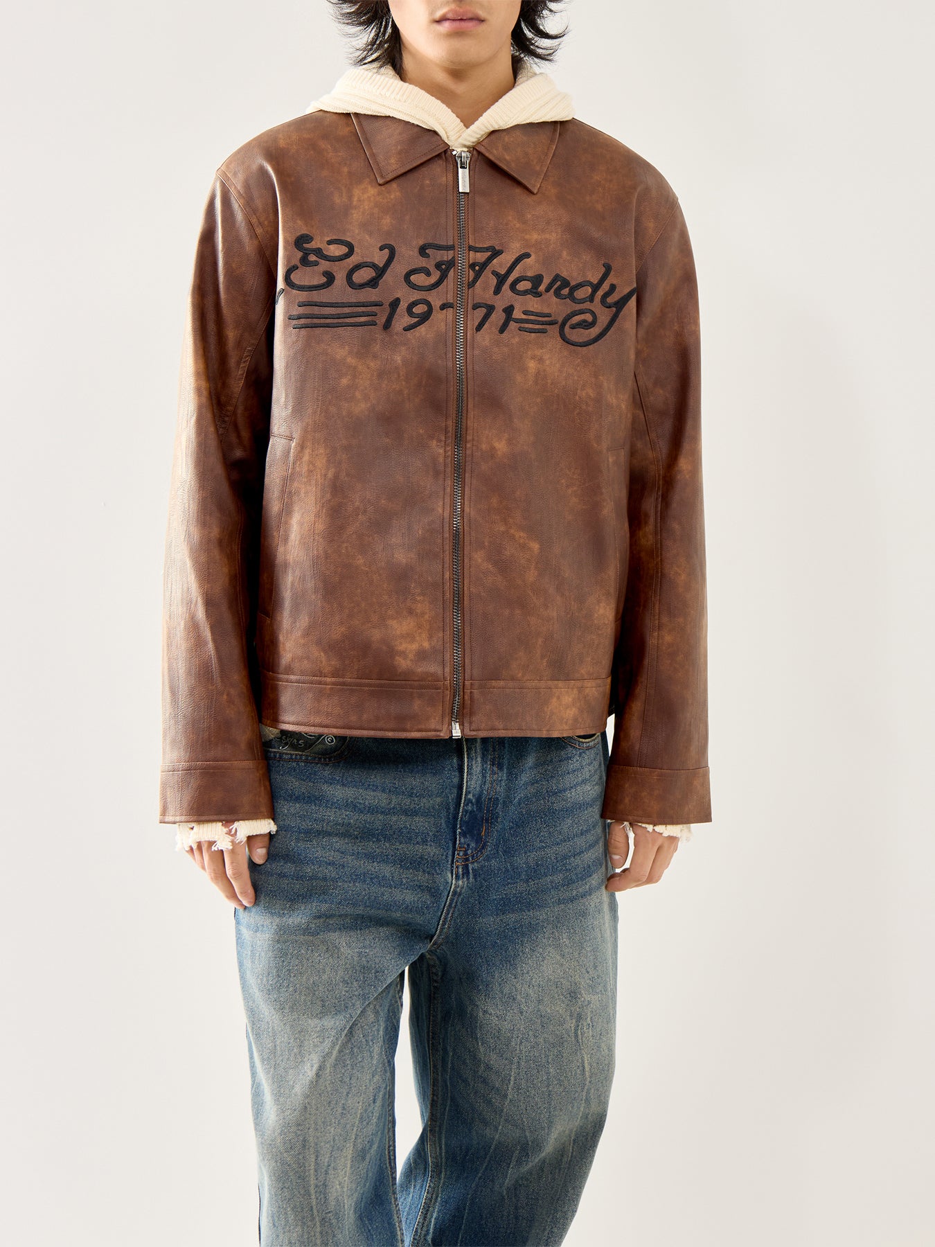 Vegan Leather Zip Jacket Brown