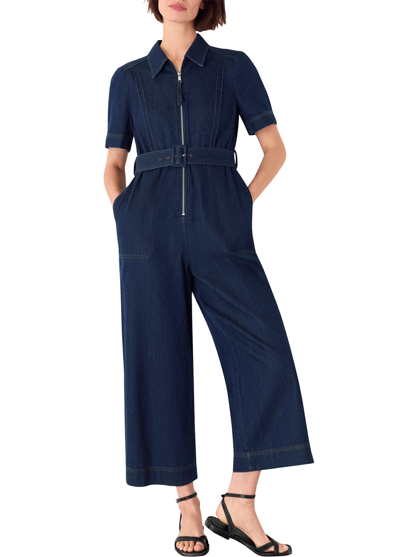 Denim Denim Pintuck Belted Jumpsuit