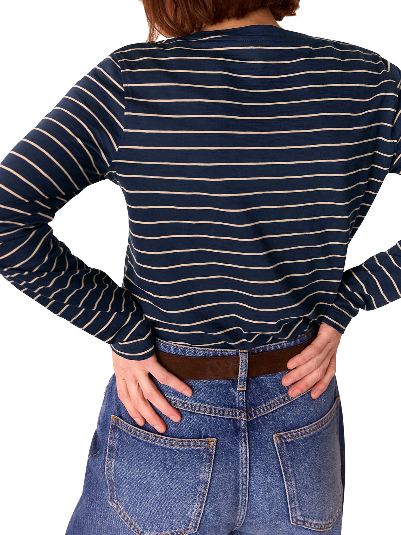 Navy/Multi Stripe Crew Neck Pocket Top