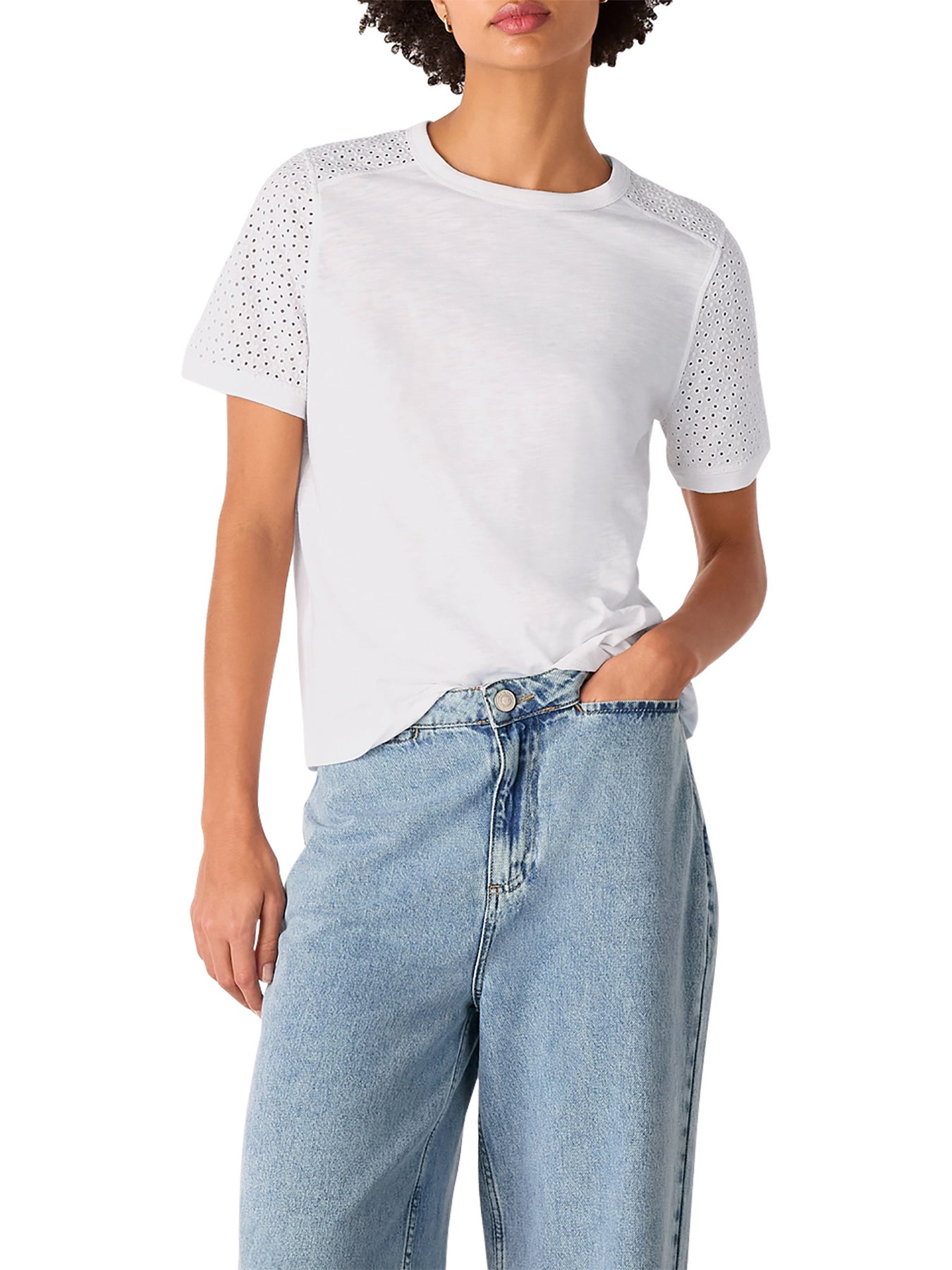 White Broderie Sleeve Detail Tee