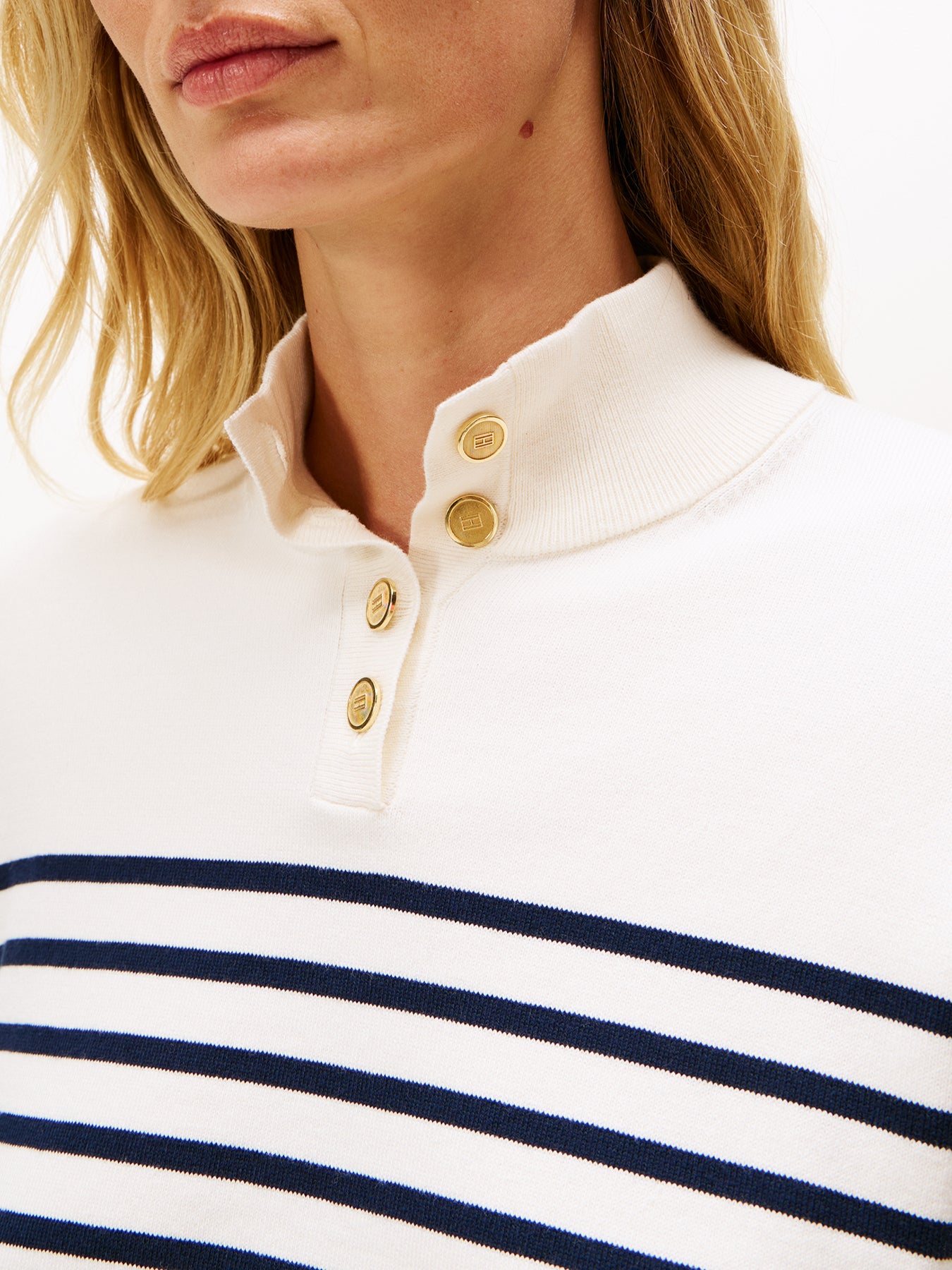 Stripe Gold-Tone Button Mock Neck Jumper