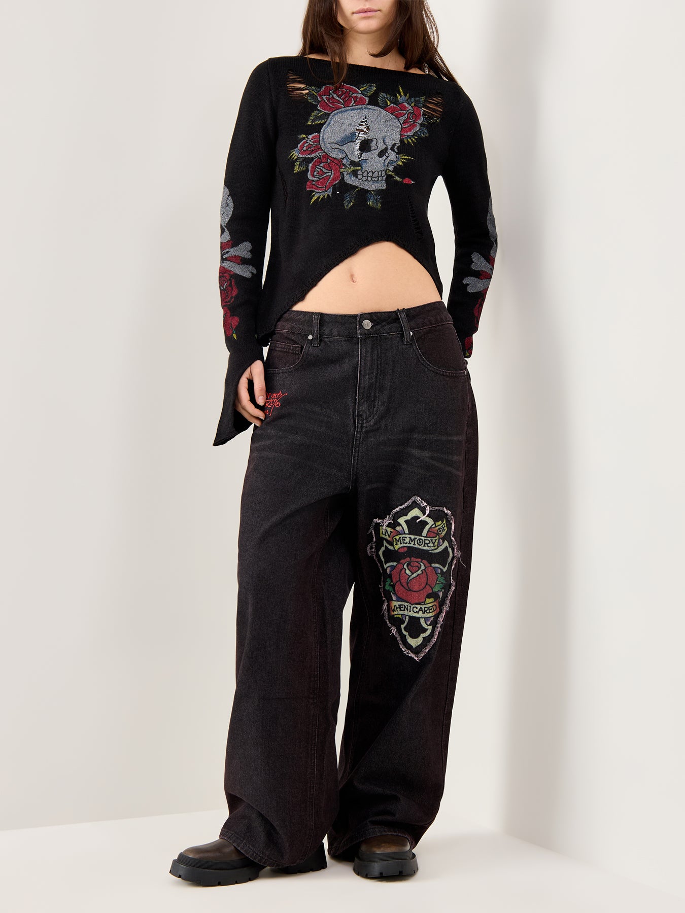 Ed Hardy Skull and Roses Distressed Knit Black