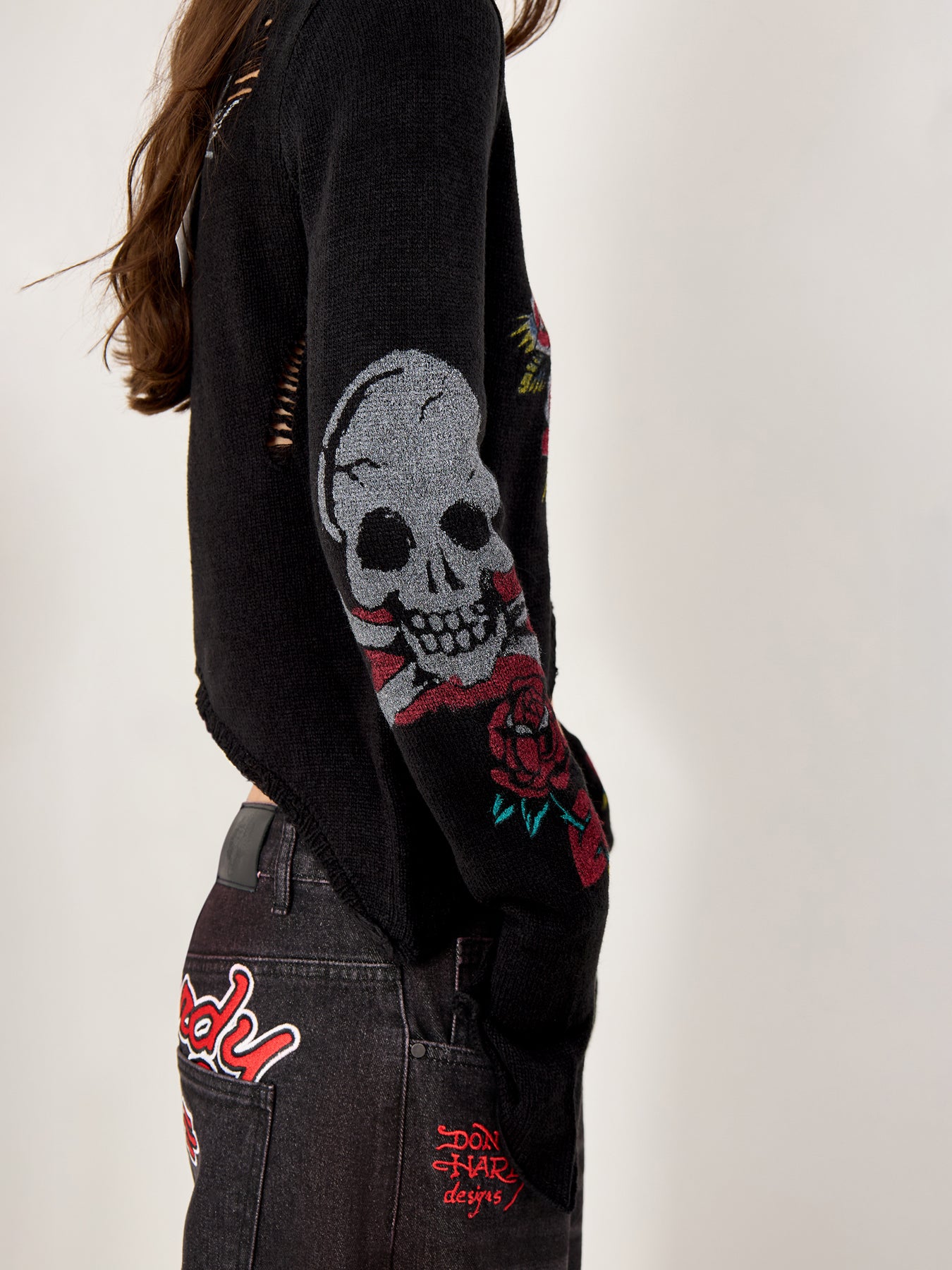 Ed Hardy Skull and Roses Distressed Knit Black