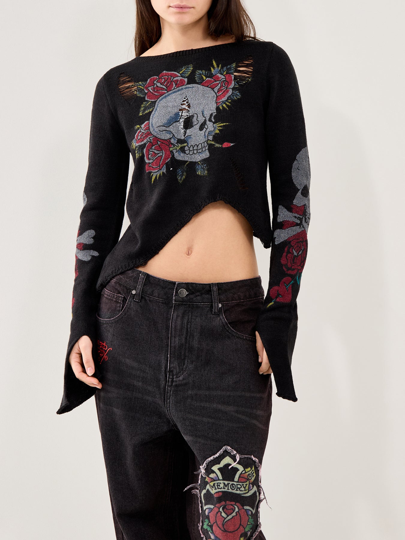Ed Hardy Skull and Roses Distressed Knit Black