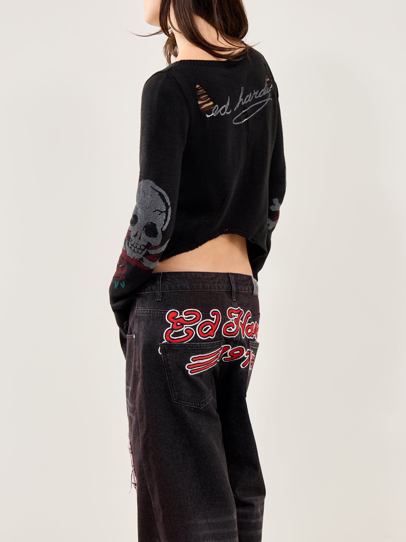 Ed Hardy Skull and Roses Distressed Knit Black