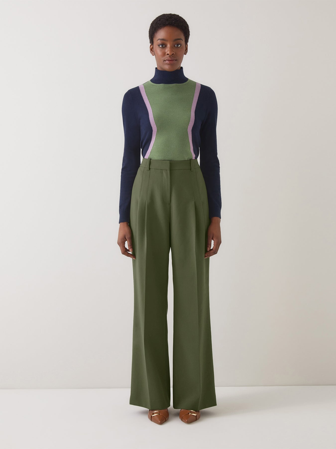 Petra Green Plain Polyester Pleat Front Notch Back Trousers