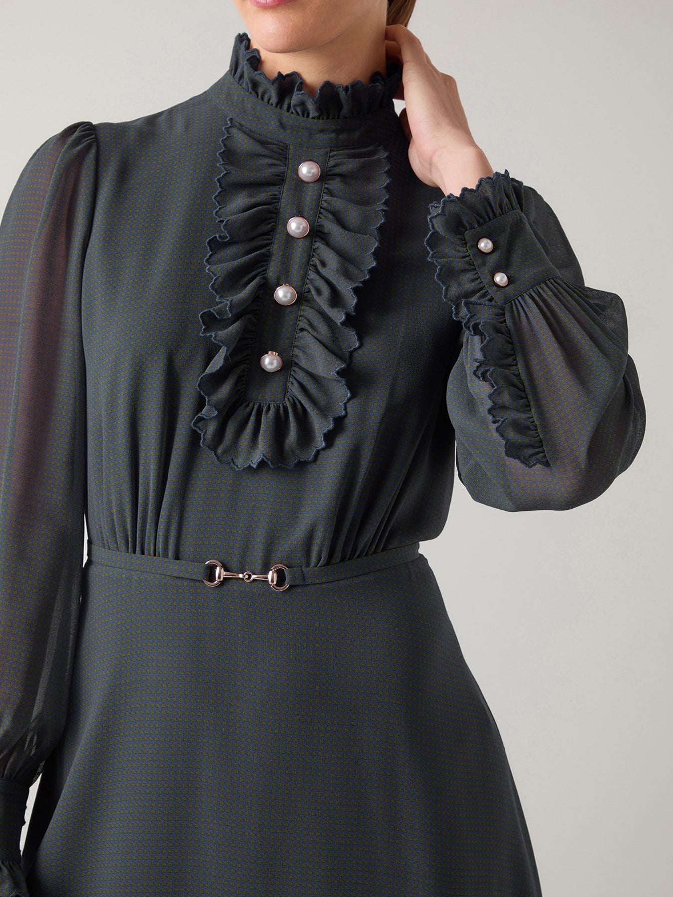 Sadie Midnight Houndstooth Print Recycled Fabric Georgette Dress with Belt