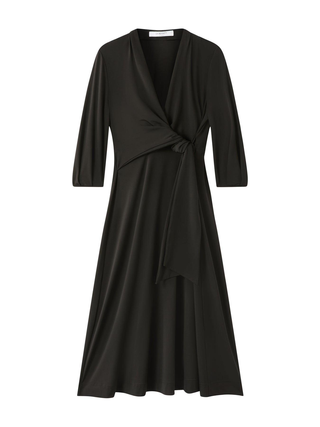 Aiper Black Polyester V-neck Jersey Dress with Tie Front
