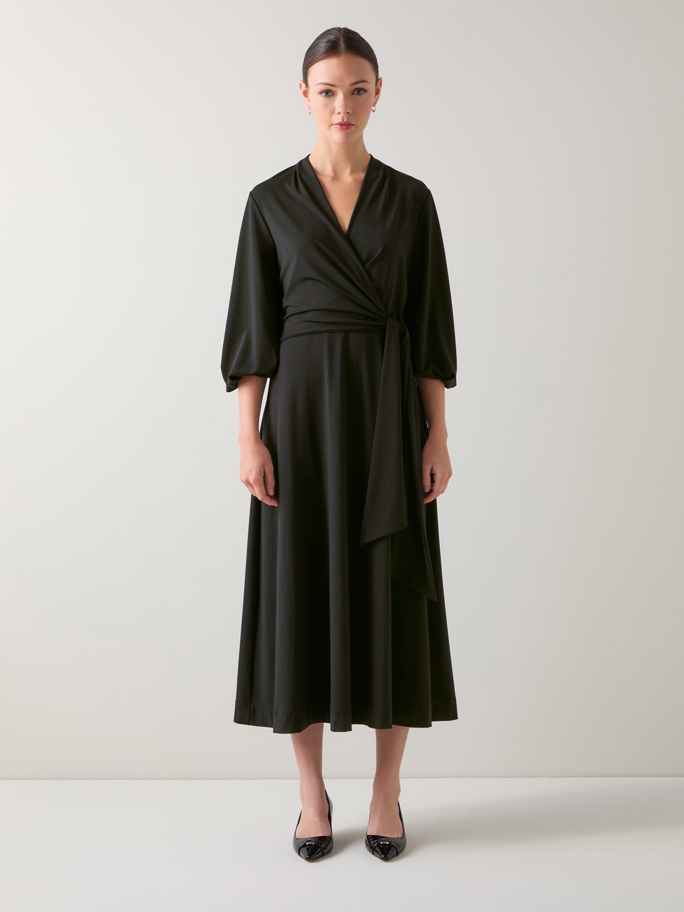 Aiper Black Polyester V-neck Jersey Dress with Tie Front