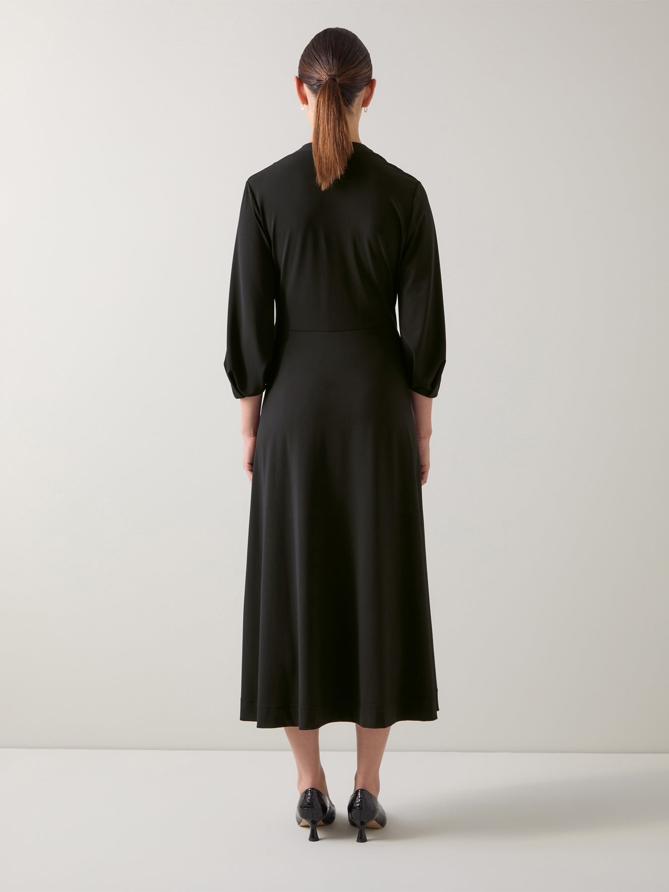 Aiper Black Polyester V-neck Jersey Dress with Tie Front