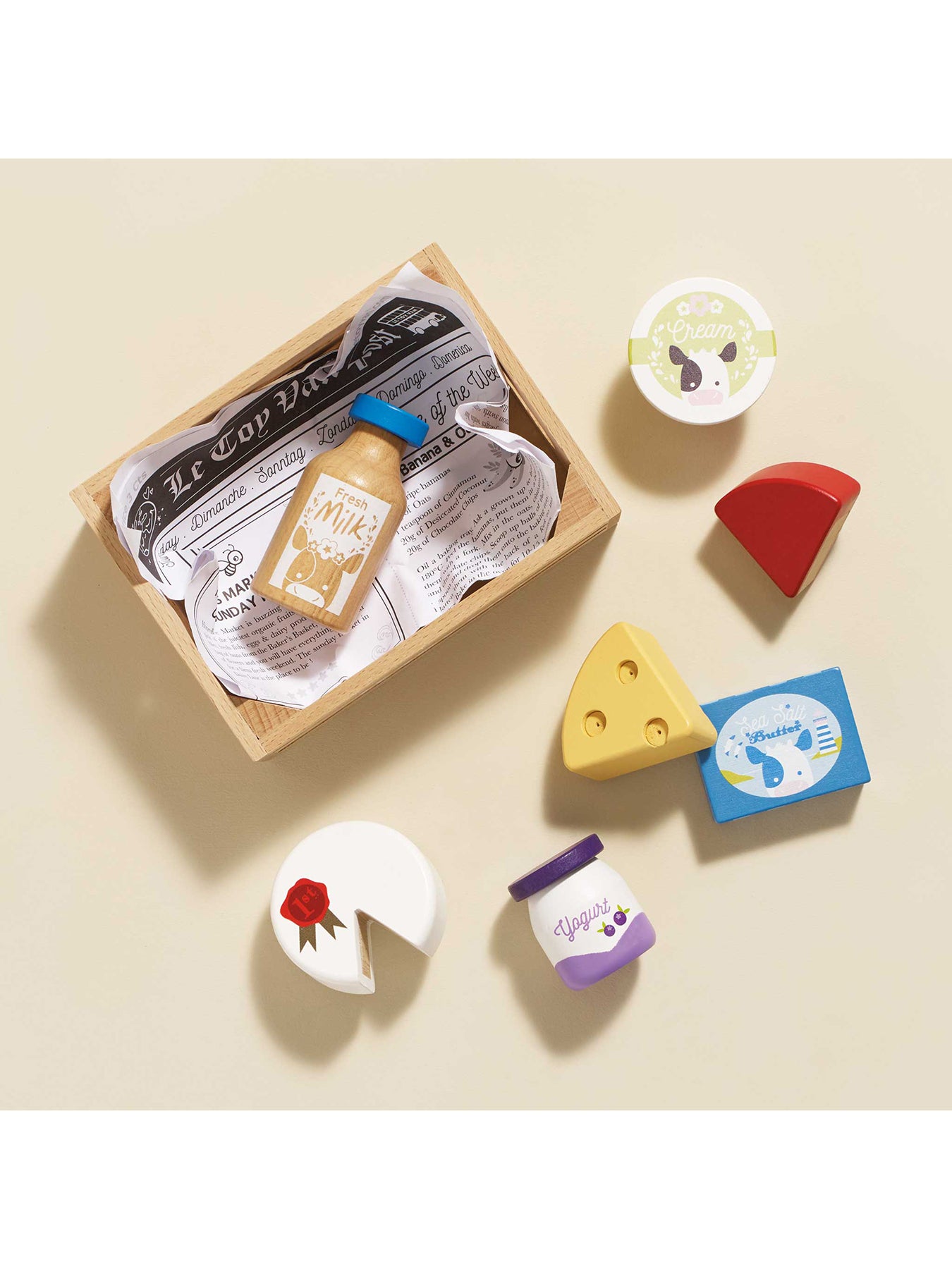 Wooden Food Crate Cheese and Dairy Toy Set