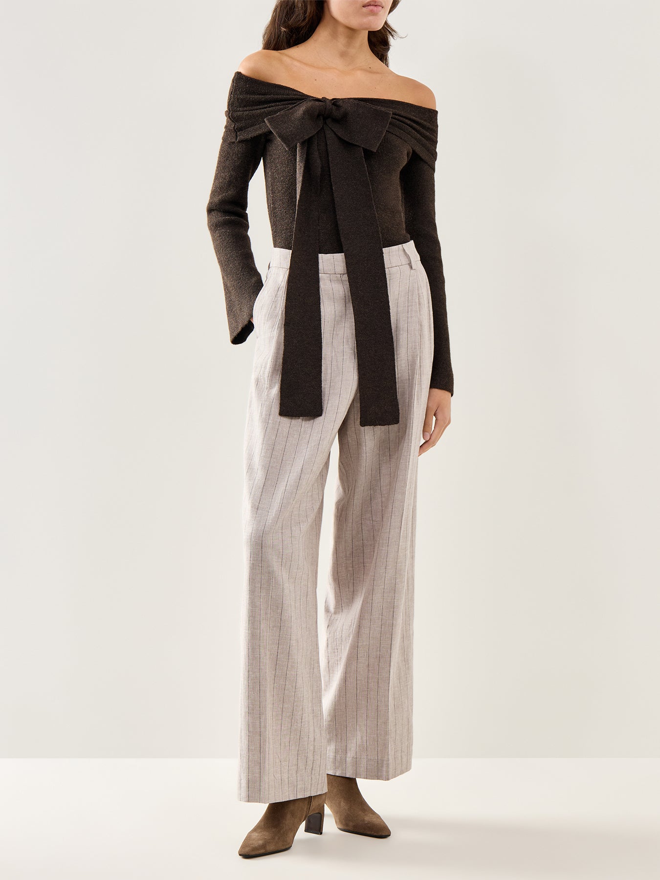 Tilda Bardot Bow Knit Top Brown