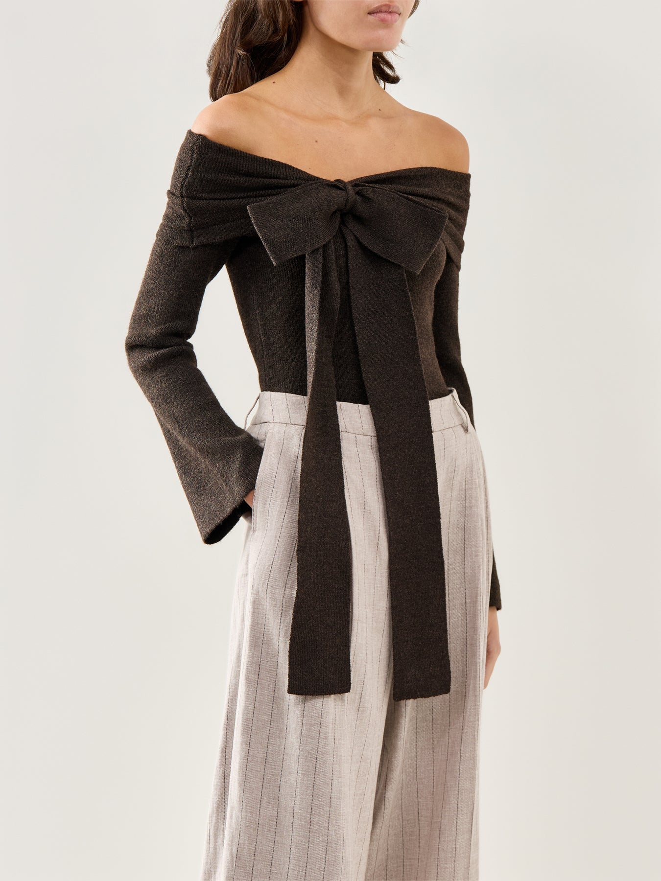 Tilda Bardot Bow Knit Top Brown