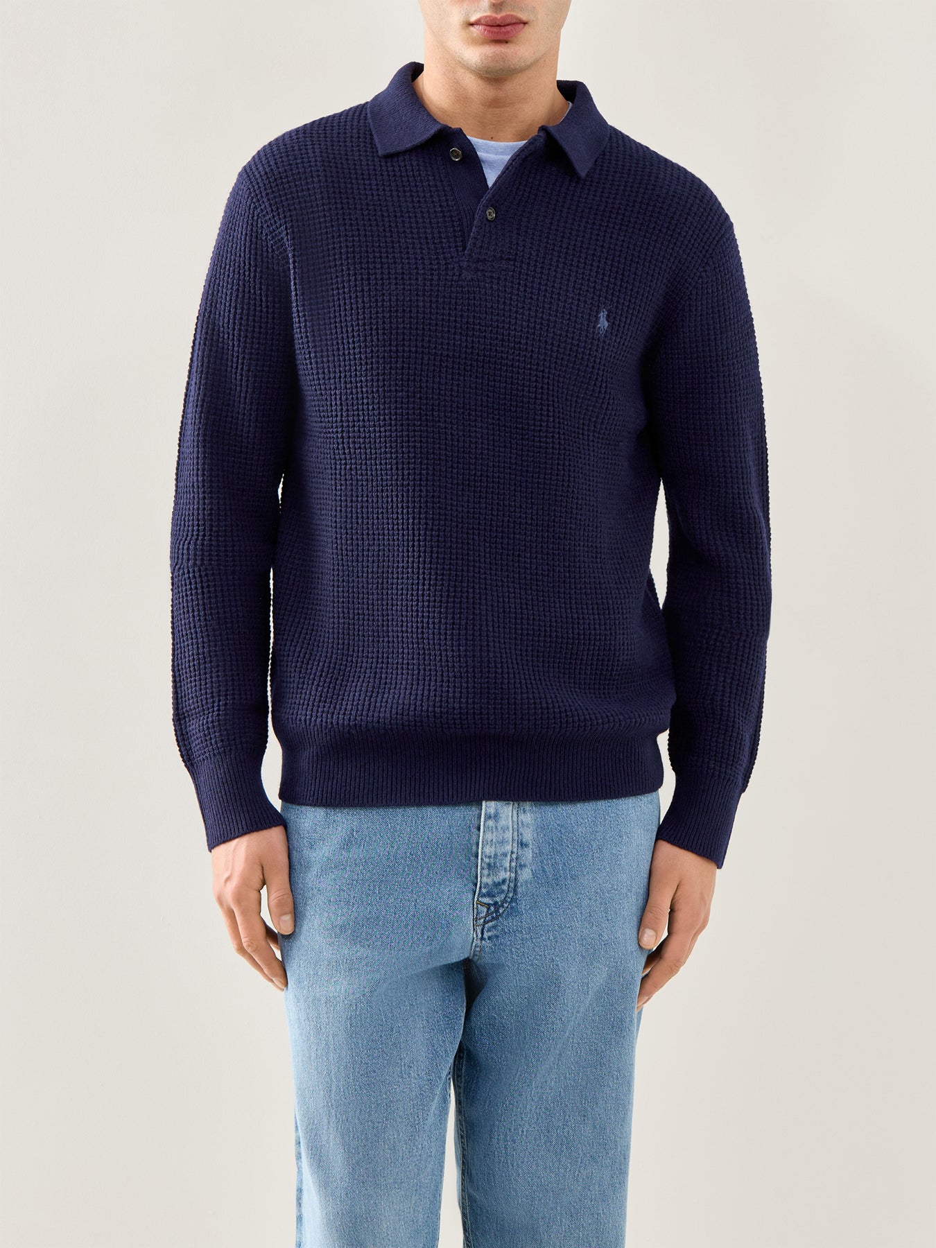 Cotton Wool Knitted Polo Shirt Navy