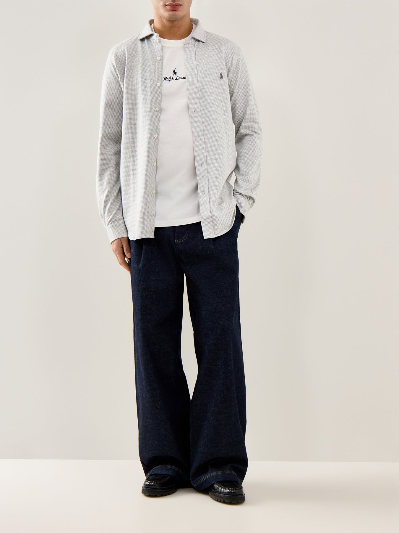 Jersey Spread Collar Check Shirt Grey