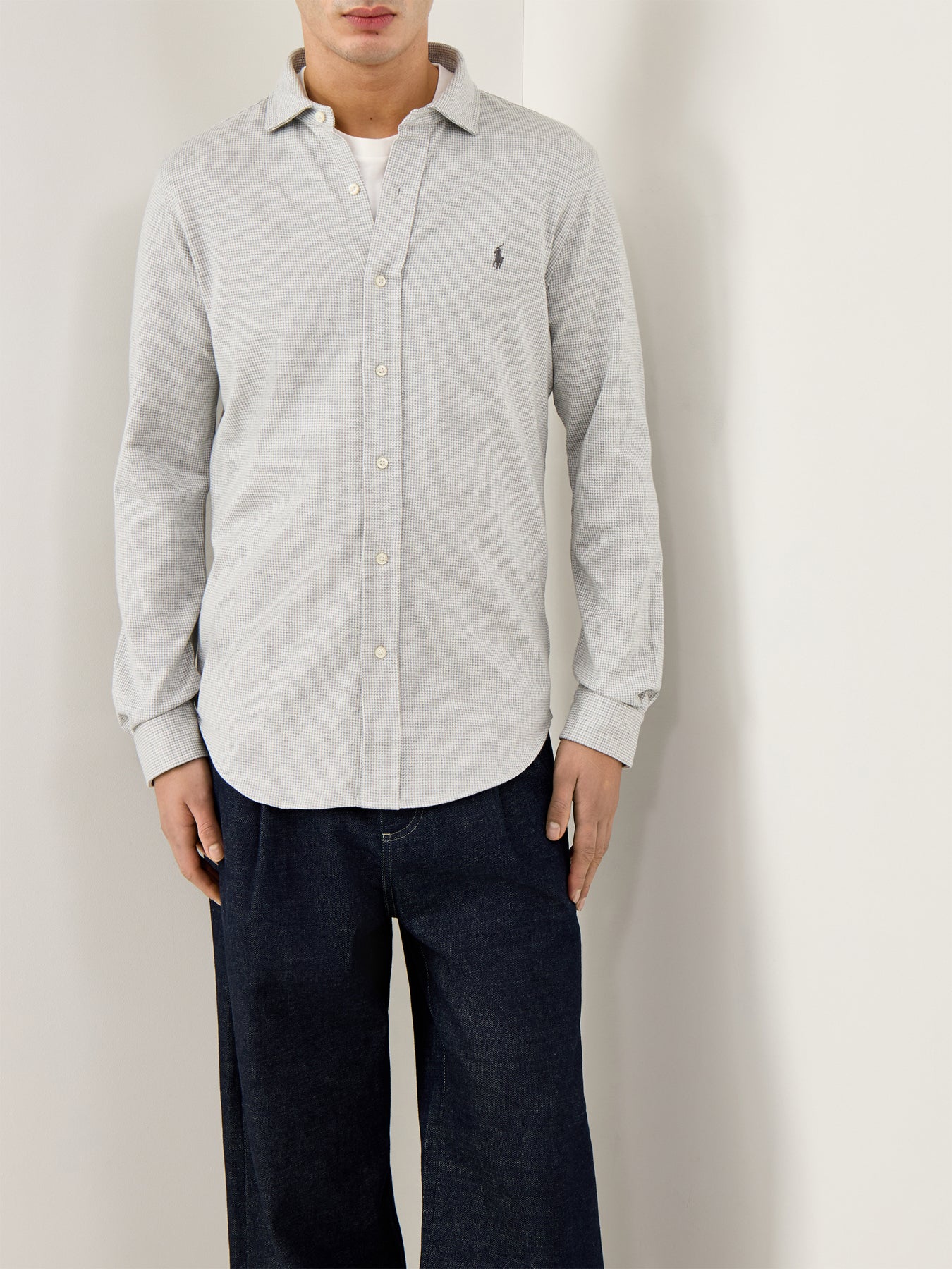 Jersey Spread Collar Check Shirt Grey
