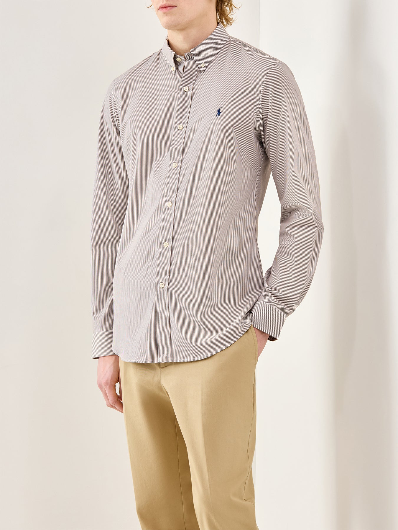 Slim Fit Stretch Poplin Stripe Shirt Brown White