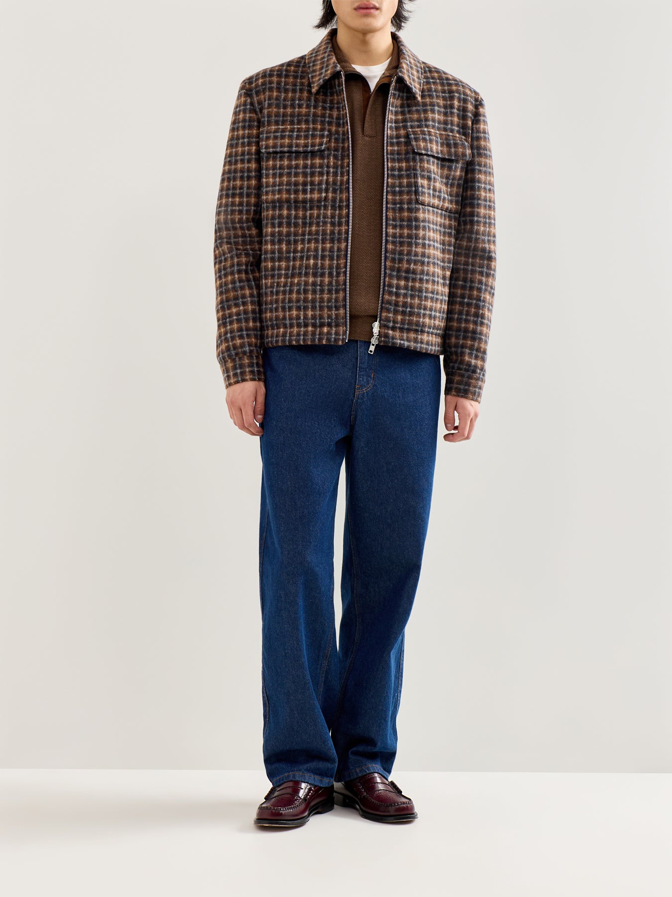 Double Knit Herringbone Quarter Zip Sweat Brown