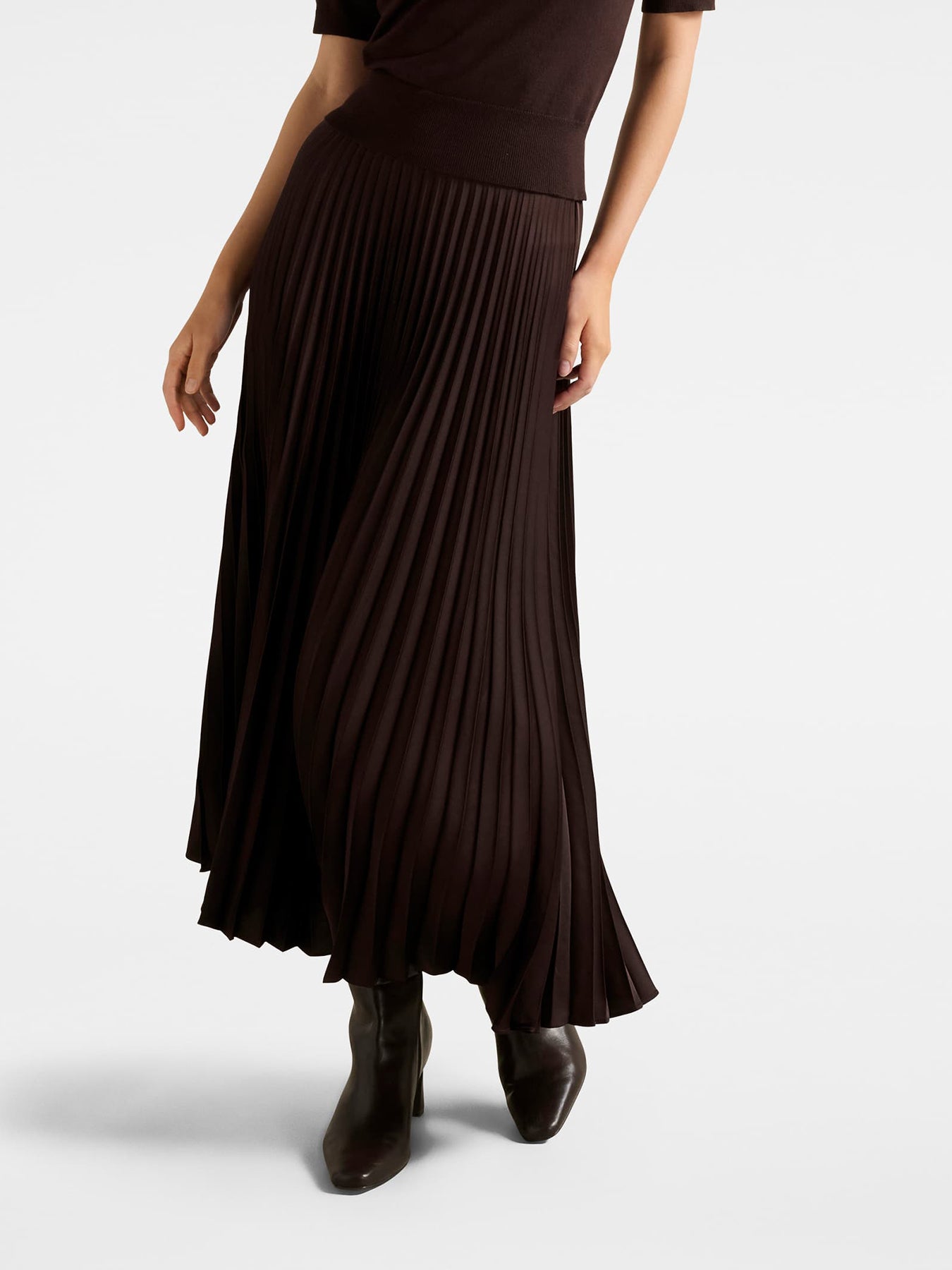 Estelle Satin Pleated Midi Skirt Chocolate