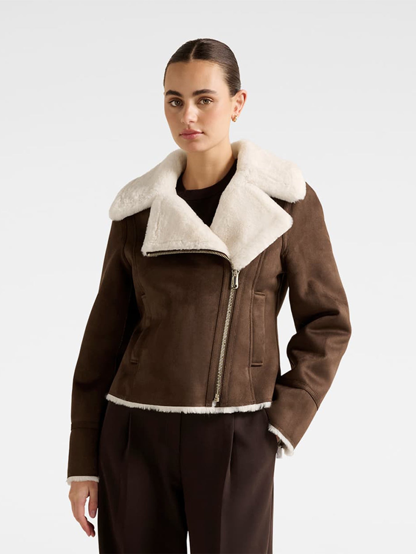 Penny Faux Fur Aviator Jacket Brown