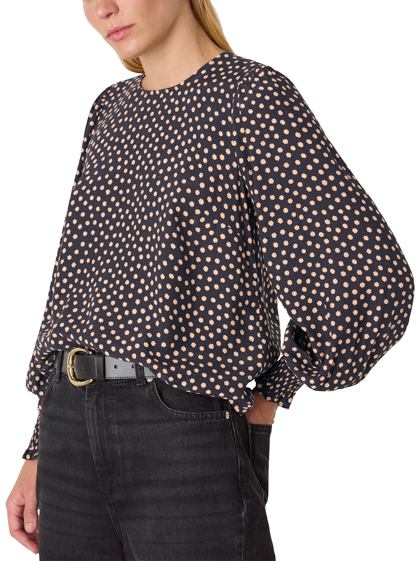 Spot Shirred Cuff Blouse Black