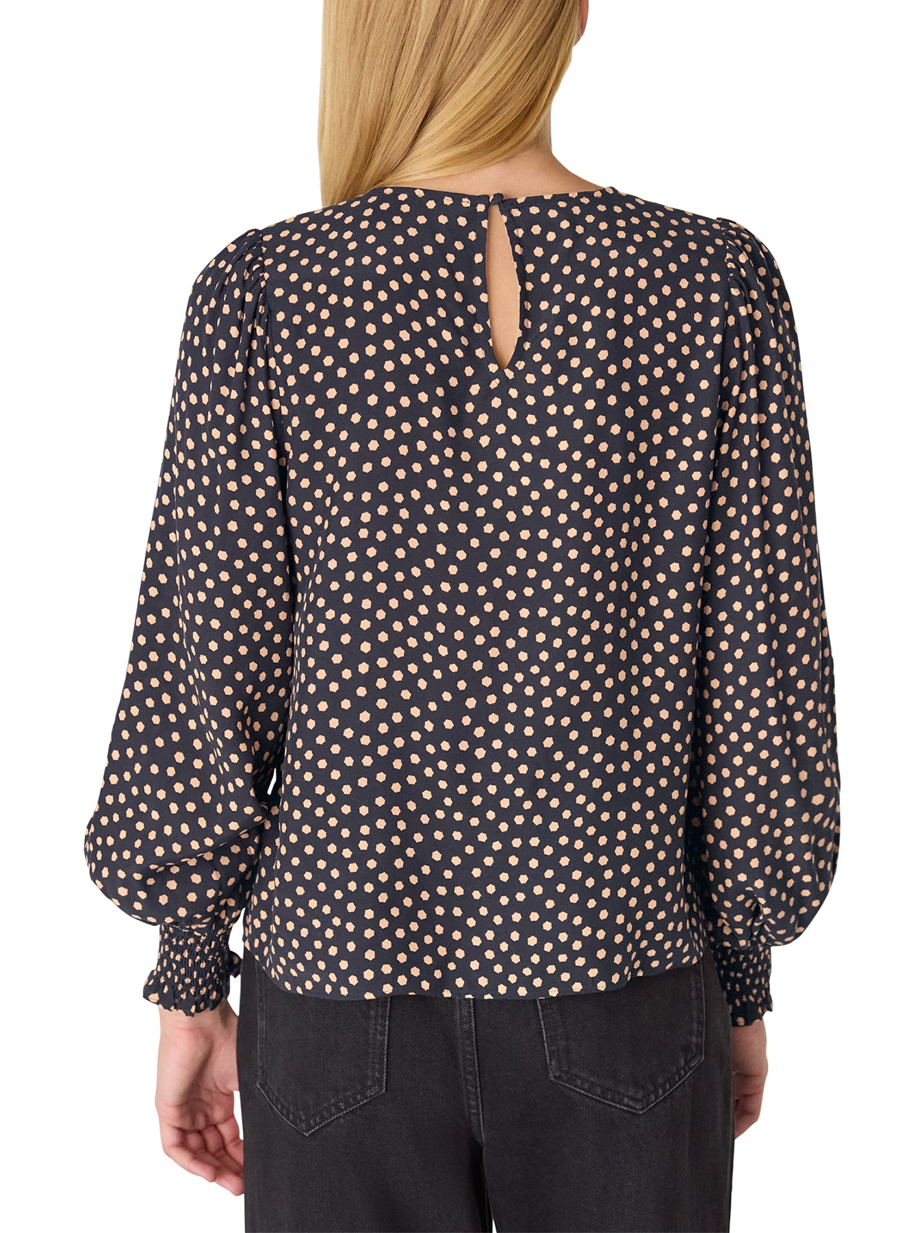 Spot Shirred Cuff Blouse Black