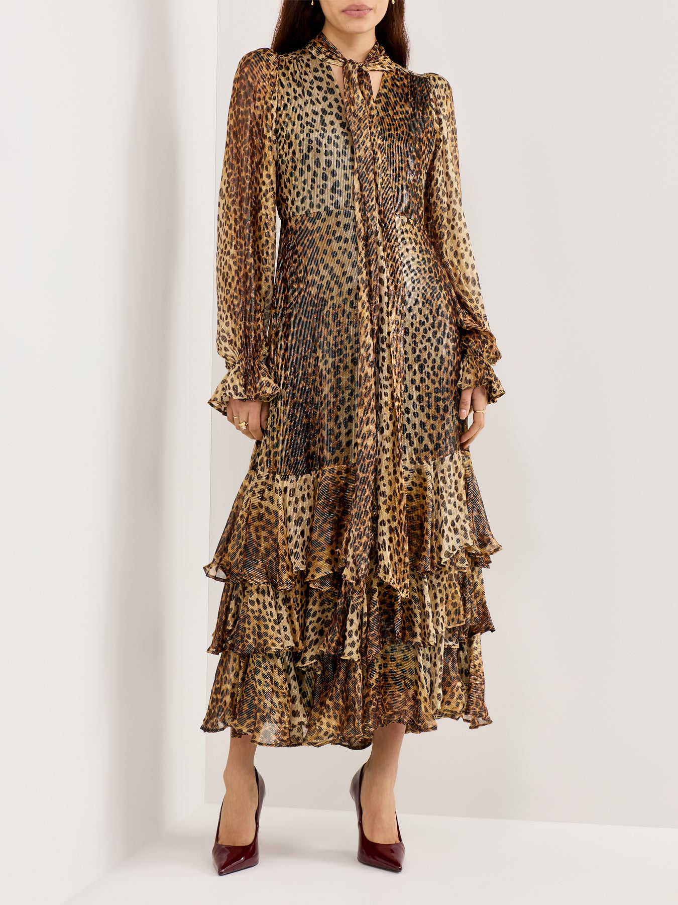 Farrah Cheetah Tiered Maxi Dress Gold