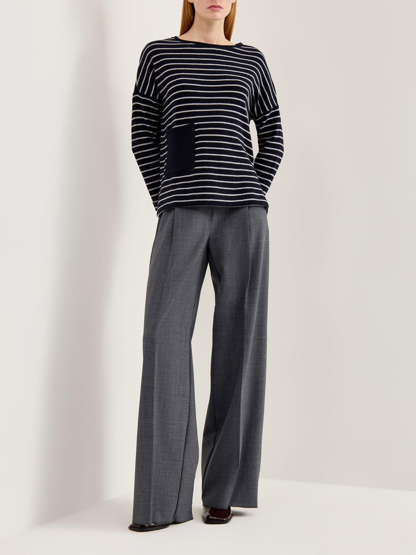 Boat Neck Stripe Knit Top Navy