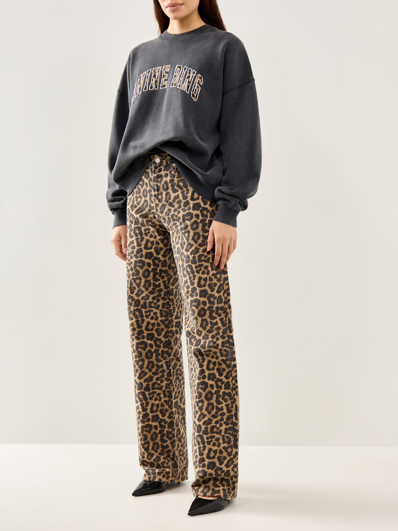 Miles Logo Leopard Print Cotton Sweatshirt Black