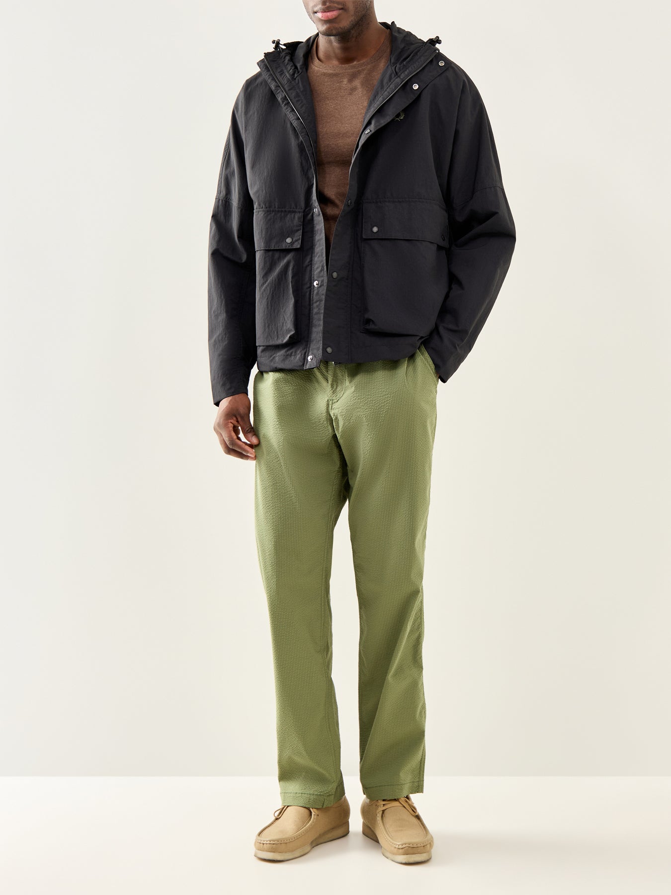 Seersucker Drawstring Trousers Olive