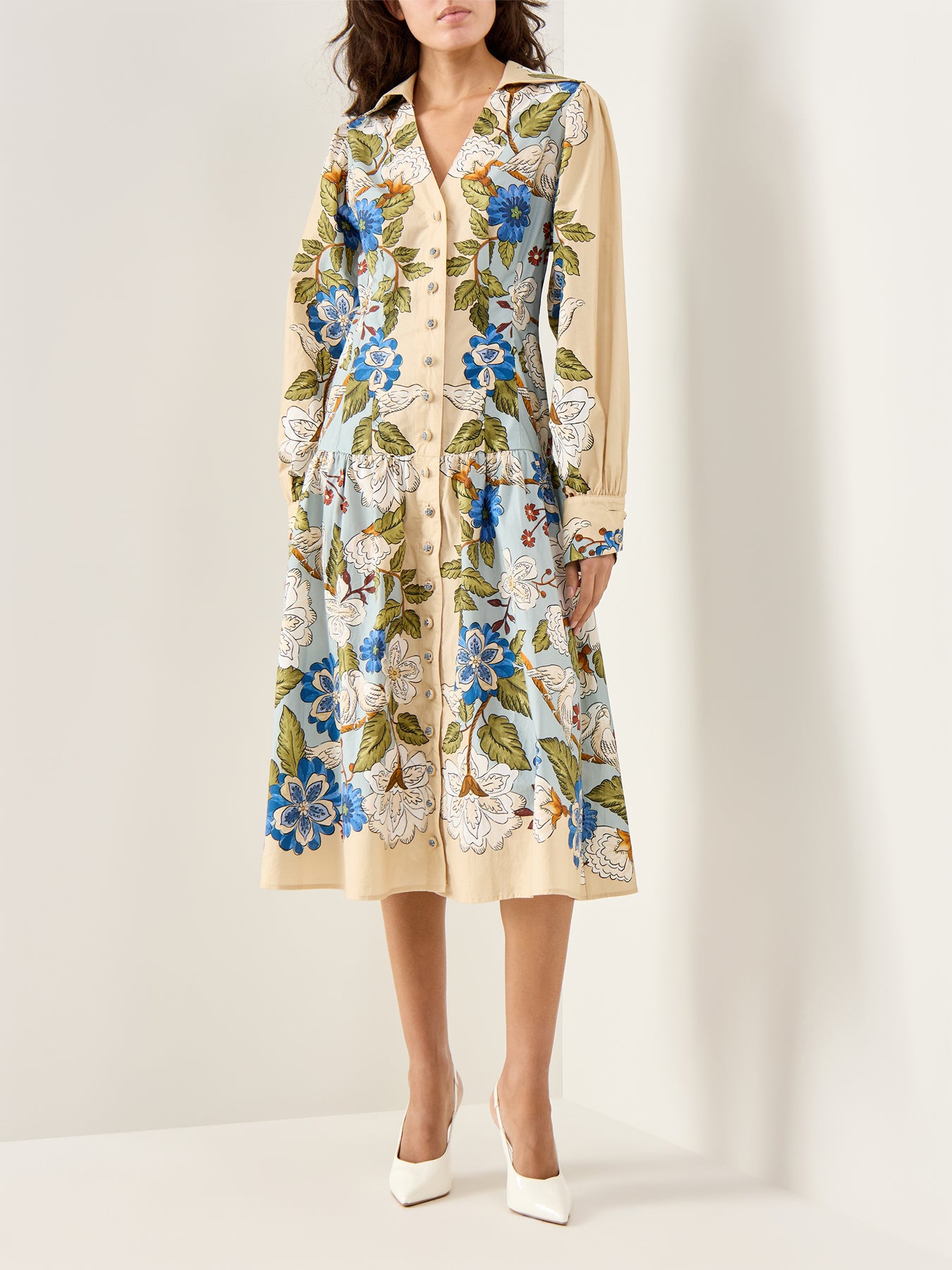 Garden Scarf Blue Long Sleeve Midi Dress